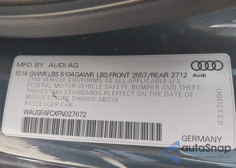 2015 Audi A6 2.0T Premium from USA, damaged, VIN WAUGFAFCXFN027672
